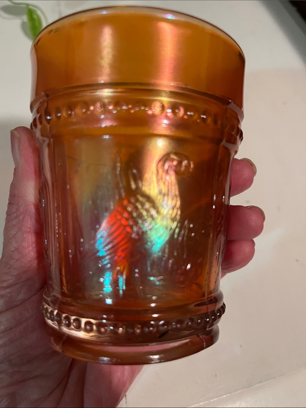Carnival Glass Dugan Stork & Rushes Iridescent Marigold w Pink Blue Red Tumbler